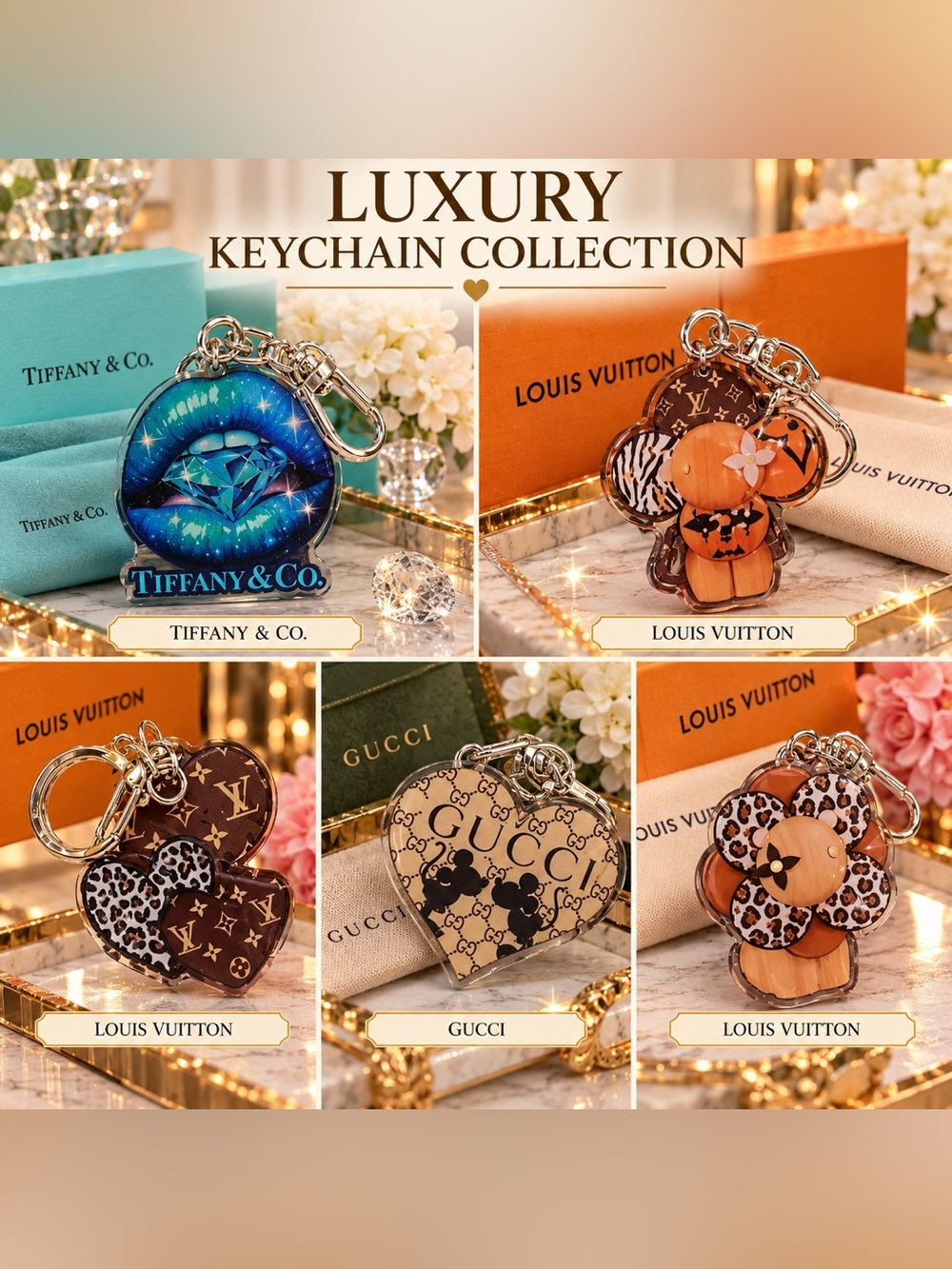 Heart & Flower Keychain Set - Blue, Tan, Brown, Orange